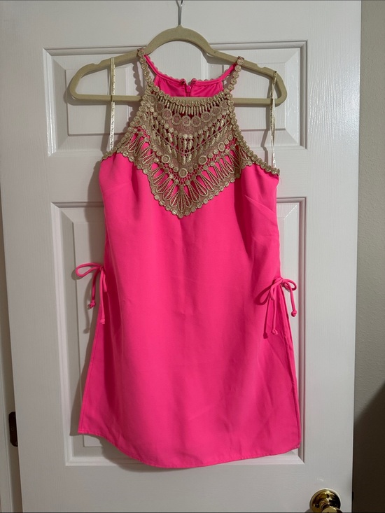 Lilly Pulitzer Dresses & Skirts - Lilly Pulitzer Hot Pink Halter romper with Gold Crochet Yoke